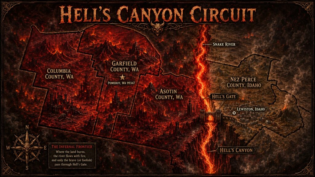 An AI attempt to draw Hell's Canyon Circuit, Columbia County, Garfield County, Asotin County WA, and Nez Pierce Lewiston Idaho. AI did not draw the snake river's location correctly. 