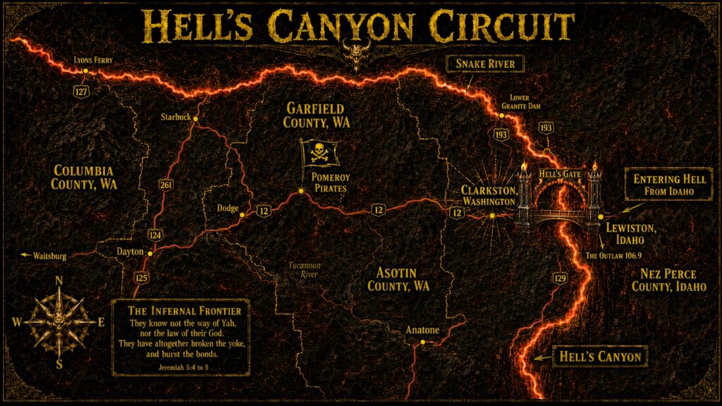 A Map of Hell's Canyon Circuit, Columbia County, Garfield County, Asotin County WA, and Nez Pierce Lewiston Idaho.