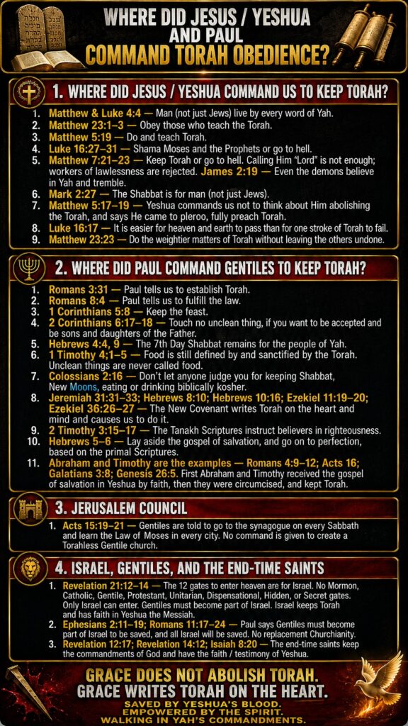 WHERE DID JESUS / YESHUAAND PAUL COMMAND TORAH OBEDIENCE? 1. WHERE DID JESUS / YESHUA COMMAND US TO KEEP TORAH? Matthew & Luke 4:4 - Man (not just Jews) live by every word of Yah. Matthew 23:1-3 - Obey those who teach the Torah. 2. 3. 4. 5. 1. 6. 7. 8 1. 2. 5. 6. 7. 8 9. 10. Matthew 5:19 - Do and teach Torah. Luke 16:27-31 - Shama Moses and the Prophets or go to hell. Matthew 7:21-23 - Keep Torah or go to hell. Calling Him 'Lord" is not enough; workers of lawlessness are rejected. James 2:19 - Even the demons believe in Yah and tremble. Mark 2:27 - The Shabbat is for man (not just Jews). Matthew 5:17-19 - Yeshua commands us not to think about Him abolishing the Torah, and says He came to pleroo, fully preach Torah. Luke 16:17 - It is easier for heaven and earth to pass than for one stroke of Torah to fail. Matthew 23:23 - Do the weightier matters of Torah without leaving the others undone. 2. WHERE DID PAUL COMMAND GENTILES TO KEEP TORAH? Romans 3:31 - Paul tells us to establish Torah. Romans 8:4 - Paul tells us to fulfill the law. 3. 1 Corinthians 5:8 - Keep the feast. 4. 2 Corinthians 6:17-18 - Touch no unclean thing, if you want to be accepted and be sons and daughters of the Father. Hebrews 4:4, 9 - The 7th Day Shabbat remains for the people of Yah, 1 Timothy 4;1-5 - Food is still defined by and sanctified by the Torah. Unclean things are never called food. Colossians 2:16 - Don't let anyone judge you for keeping Shabbat, New Moons, eating or drinking biblically kosher. Jeremiah 31:31-33; Hebrews 8:10; Hebrews 10:16; Ezekiel 11:19-20; Ezekiel 36:26-27 - The New Covenant writes Torah on the heart and mind and causes us to do it. 2 Timothy 3:15-17 - The Tanakh Scriptures instruct believers in righteousness. Hebrews 5-6 - Lay aside the gospel of salvation, and go on to perfection, based on the primal Scriptures. 11. Abraham and Timothy are the examples - Romans 4:9-12; Acts 16; Galatians 3:8; Genesis 26:5. First Abraham and Timothy received the gospel of salvation in Yeshua by faith, then they were circumcised, and kept Torah. 3. JERUSALEM COUNCIL 1. Acts 15:19-21 - Gentiles are told to go to the synagogue on every Sabbath and learn the Law of Moses in every city. No command is given to create a Torahless Gentile church. 4. ISRAEL, GENTILES, AND THE END-TIME SAINTS 1. Revelation 21:12-14 - The 12 gates to enter heaven are for Israel. No Mormon, Catholic, Gentile, Protestant, Unitarian, Dispensational, Hidden, or Secret gates. Only Israel can enter. Gentiles must become part of Israel. Israel keeps Torah and has faith in Yeshua the Messiah. 2. Ephesians 2:11-19; Romans 11:17-24 - Paul says Gentiles must become part of Israel to be saved, and all Israel will be saved. No replacement Churchianity. 3. Revelation 12:17; Revelation 14:12; Isaiah 8:20 - The end-time saints keep the commandments of God and have the faith / testimony of Yeshua. GRACE DOES NOT ABOLISH TORAH. GRACE WRITES TORAH ON THE HEART. SAVED BY YESHUA'S BLOOD. EMPOWERED BY THE SPIRIT