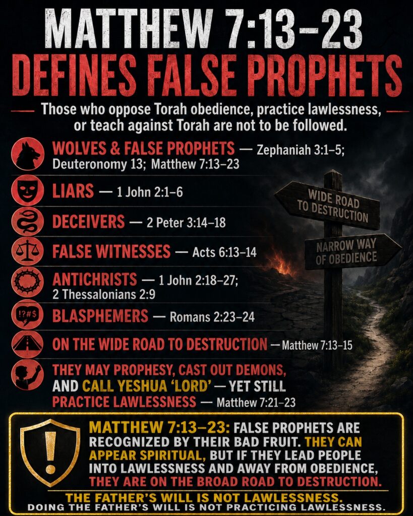 WIDE ROADTO DESTRUCTION NARROW WAY OF OBEDIENCE 12#$ MATTHEW 7:13-23 DEFINES FALSE PROPHETS Those who oppose Torah obedience, practice lawlessness, or teach against Torah are not to be followed. WOLVES & FALSE PROPHETS - Zephaniah 3:1-5; Deuteronomy 13; Matthew 7:13-23 LIARS - 1 John 2:1-6 DECEIVERS - 2 Peter 3:14-18 FALSE WITNESSES - Acts 6:13-14 ANTICHRISTS - 1 John 2:18-27; 2 Thessalonians 2:9 BLASPHEMERS - Romans 2:23-24 ON THE WIDE ROAD TO DESTRUCTION -Matthew 7:13-15 THEY MAY PROPHESY, CAST OUT DEMONS, AND CALL YESHUA 'LORD' -YET STILL PRACTICE LAWLESSNESS - Matthew 7:21-23 MATTHEW 7:13-23: FALSE PROPHETS ARE RECOGNIZED BY THEIR BAD FRUIT. THEY CAN APPEAR SPIRITUAL, BUT IF THEY LEAD PEOPLE INTO LAWLESSNESS AND AWAY FROM OBEDIENCE, THEY ARE ON THE BROAD ROAD TO DESTRUCTION. THE FATHER'S WILL IS NOT LAWLESSNESS. DOING THE FATHER'S WILL IS NOT PRACTICING LAWLESSNESS.