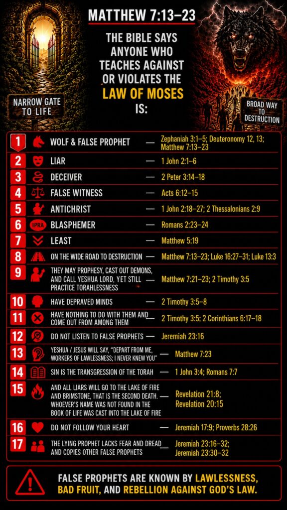NARROW GATE TO LIFE 1 2 3 4 5 6 7 8 9 IPRA WOLF & FALSE PROPHET LIAR DECEIVER FALSE WITNESS ANTICHRIST BLASPHEMER LEAST A 10 11 12 13 14 15 x - 2 Timothy 3:5-8 2 Timothy 3:5; 2 Corinthians 6:17-18 Jeremiah 23:16 Matthew 7:23 - 16 17 BROAD WAY TO DESTRUCTION Zephaniah 3:1-5; Deuteronomy 12, 13; Matthew 7:13-23 - 1 John 2:1-6 - 2 Peter 3:14-18 - Acts 6:12-15 - 1 John 2:18-27; 2 Thessalonians 2:9 - Romans 2:23-24 - Matthew 5:19 ON THE WIDE ROAD TO DESTRUCTION - Matthew 7:13-23; Luke 16:27-31; Luke 13:3 THEY MAY PROPHESY, CAST OUT DEMONS, AND CALL YESHUA LORD, YET STILL - Matthew 7:21-23; 2 Timothy 3:5 PRACTICE TORAHLESSNESS HAVE DEPRAVED MINDS HAVE NOTHING TO DO WITH THEM AND COME OUT FROM AMONG THEM DO NOT LISTEN TO FALSE PROPHETS - YESHUA / JESUS WILL SAY, "DEPART FROM ME, WORKERS OF LAWLESSNESS; I NEVER KNEW YOU" SIN IS THE TRANSGRESSION OF THE TORAH - 1 John 3:4; Romans 7:7 AND ALL LIARS WILL GO TO THE LAKE OF FIRE AND BRIMSTONE, THAT IS THE SECOND DEATH .- WHOEVER'S NAME WAS NOT FOUND IN THE BOOK OF LIFE WAS CAST INTO THE LAKE OF FIRE DO NOT FOLLOW YOUR HEART THE LYING PROPHET LACKS FEAR AND DREAD AND COPIES OTHER FALSE PROPHETS MATTHEW 7:13-23 THE BIBLE SAYS ANYONE WHO TEACHES AGAINST OR VIOLATES THE LAW OF MOSES IS: ! Revelation 21:8; Revelation 20:15 Jeremiah 17:9; Proverbs 28:26 - Jeremiah 23:16-32; Jeremiah 23:30-32 FALSE PROPHETS ARE KNOWN BY LAWLESSNESS, BAD FRUIT, AND REBELLION AGAINST GOD'S LAW.